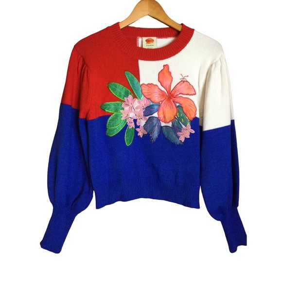 FARM Rio Sweaters - Farm Rio Floral Applique color block Sweater Top Crew Neck Long Balloon Sleeve